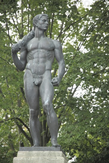 Sculpture figure from the fountain at the White Stone, man, club, fig leaf, Eschersheim, Main, Frankfurt, Hesse, Germany, Europe