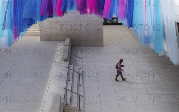 Colourful silk curtains at the CaixaForum, cultural centre in the former Fabrica Casaramona, Barcelona, Spain, Europe