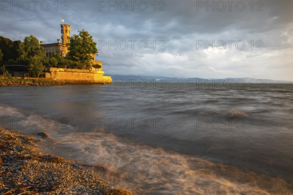 Montfort Castle in thunderstorm mood, water, shore, summer, Langenargen, Baden-Württemberg, Germany, Europe