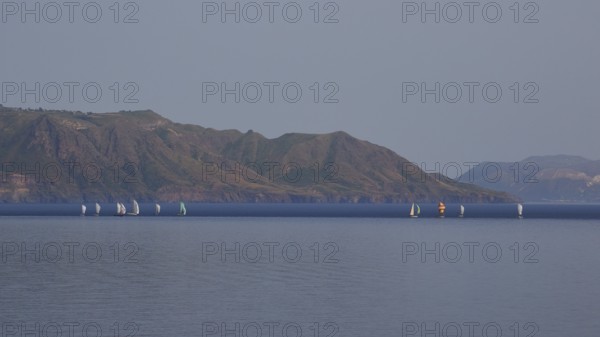 Sailing boats, sailing regatta, Lipari, Rinella, south coast, Salina, Aeolian Islands, Sicily, Italy, Europe