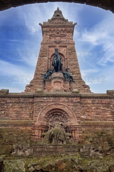 Kaiser Wilhelm National Monument from the 19th century, Barbarossa Monument, Kyffhäuser Monument with equestrian statue of Kaiser Wilhelm I at the top below carved stone sculpture of Kaiser Friedrich I Barbarossa, Kyffhäuser, Kyffhäuser nature park Park, Thuringia, Germany, Europe