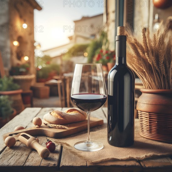 Food and drink background with red wine, fresh grapes and wine bottle. AI Generated, AI generated