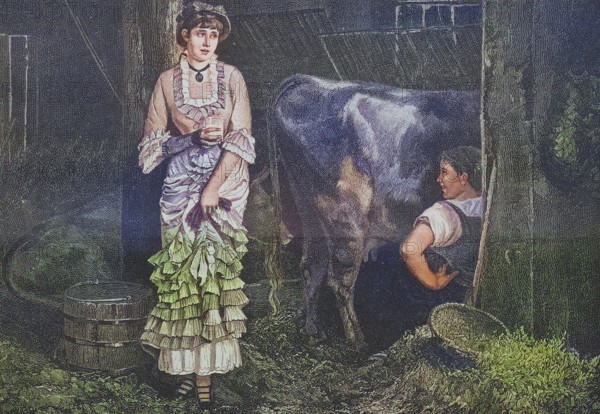 The first day of the milk cure, lady from the city stands in the barn and looks sceptically at the farmer's wife who is milking the cow, around 1885, Historic, digitally restored reproduction from a 19th century original, The first day of the milk cure, lady from the city stands in the barn and looks sceptically at the farmer's wife who is milking the cow, around 1885, Historic, digitally restored reproduction from a 19th century original