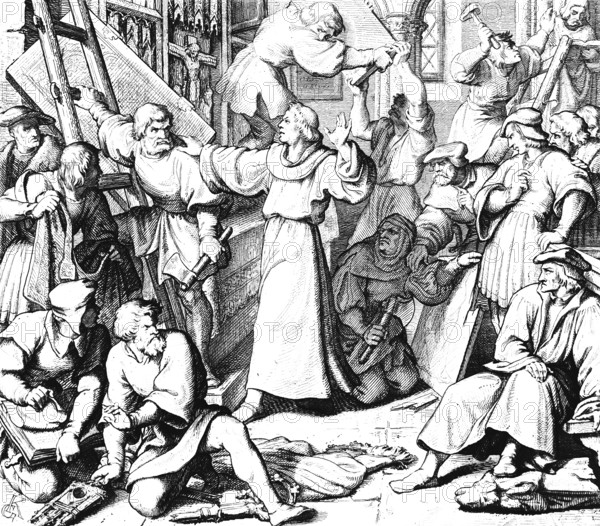 Martin Luther calms the iconoclasm, Wittenberg, religion, crowd, fanaticism, Freihet, rage, anger, faith, room, books, shelves, ladder, destroy, ward off, axe, hammer, Christianity, year 1522, 16th century, historical illustration c. 1860