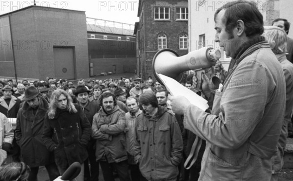 The workers defended themselves against the threat of closure of their Stuebbe-Demag factory by occupying their Mannesmann plant, here on 4 March 1975, in Kalldorf, Germany, Europe