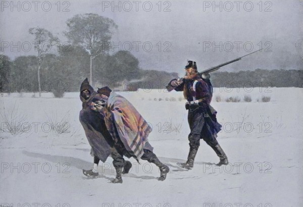 Soldier escorting two prisoners of war in the winter of 1880, Historic, digitally restored reproduction of a 19th century original