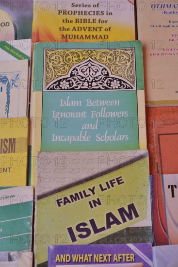 Books about Islam at a sales stall, Stone Town, Zanzibar City, Zanzibar, Tanzania, Africa