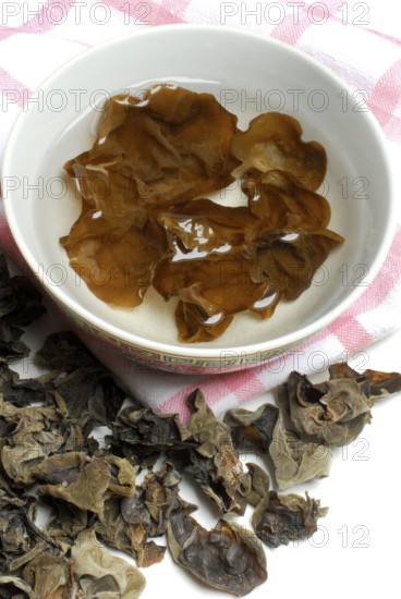 Mu-Err mushrooms, dried and soaked in water, skin (Hirneola auricula-judae) (Auricularia auricula-judae) medicinal mushrooms