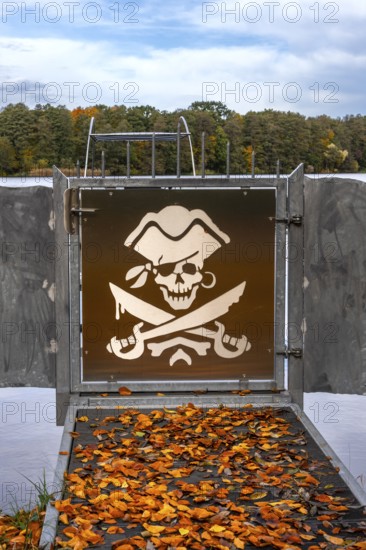 Jetty with pirate logo, Lehnitz, Brandenburg, Germany, Europe