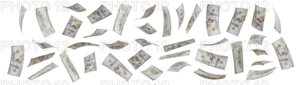 Collection of falling one hundred dollar bills isolated on a white background