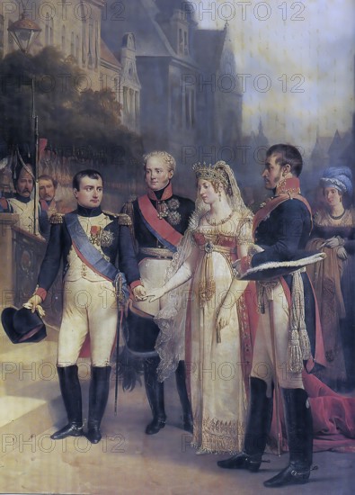 Reception at the Peace of Tilsit 1807 Napoleon, Alexander I of Russia, Luise and Frederick William III Painting by Nicolas Gosse, Historic, digitally restored reproduction of a 19th century original, exact date unknown