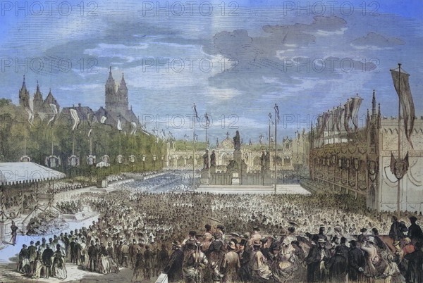 Inauguration ceremony for the Luther Monument in Worms on 25 June 1868, Germany, Historic, digitally restored reproduction of a 19th century original, exact original date unknown, Europe