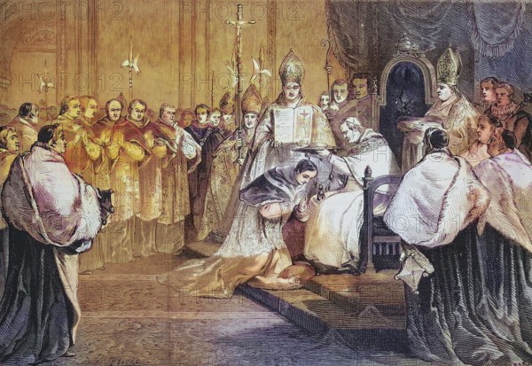 Pope Pius IX presenting the Cardinal's Hat to Lucien-Louis-Joseph-Napoleon Bonaparte, 4th Prince of Canino and Musignano (15 November 1828) (19 November 1895) 1868, Historic, digitally restored reproduction of an original 19th century artwork, exact original date unknown