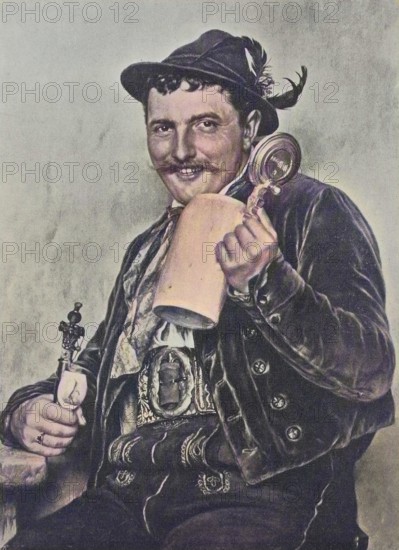 Bavarian man, 1880, wearing traditional traditional costume and holding a beer mug and a pipe, Bavaria, Germany, Historic, digitally restored reproduction of a 19th-century original, Europe