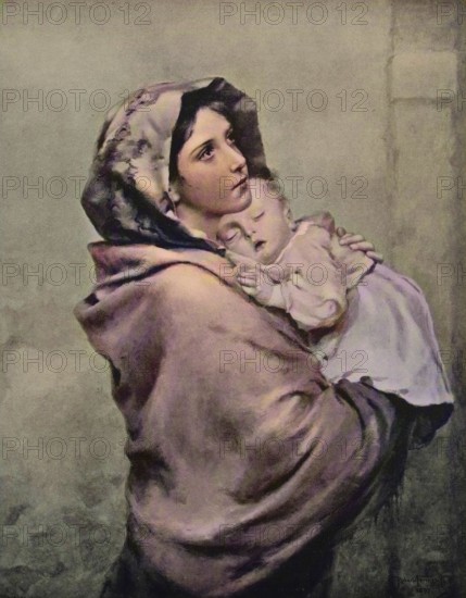 Poor young woman with a baby in her arms, 1880, Italy, Historic, digitally restored reproduction of a 19th century original, Europe