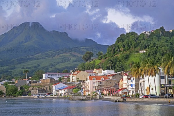 The town Saint-Pierre, first permanent French colony and active volcano Mount Pelée on the island of Martinique in the Caribbean Sea