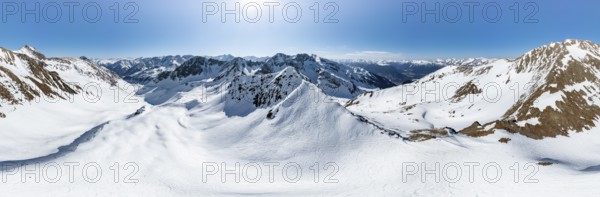 Alpine panorama, Mitterzeigerkogel, aerial view, peaks and mountains in winter, Sellraintal, Kühtai, Tyrol, Austria, Europe