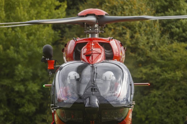 Winch rescue training of the rescue helicopter, Christoph 62, on the occasion of the 50th anniversary of the DRF Luftrettung. The rescue of casualties in the Elbe Sandstone Mountains will be practised