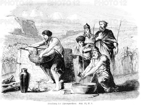 Preparation of the Sprengwasser, prepare, water, bowl, jug, priest, sin offering, sin, sacrifice, group, landscape, mountains, Bible, Old Testament, Book 4 of Moses, Chapter 19, Verse 9, historical illustration c. 1850