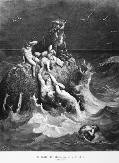 Bible, the flood of sin or deluge, the downfall of all flesh, Genesis, 7, 21, Moses, Old Testament, sin, naked crowd, flood, high waves, drowning, God's punishment, fear, flee, sea, rock, birds, dark sky, historical illustration 1885