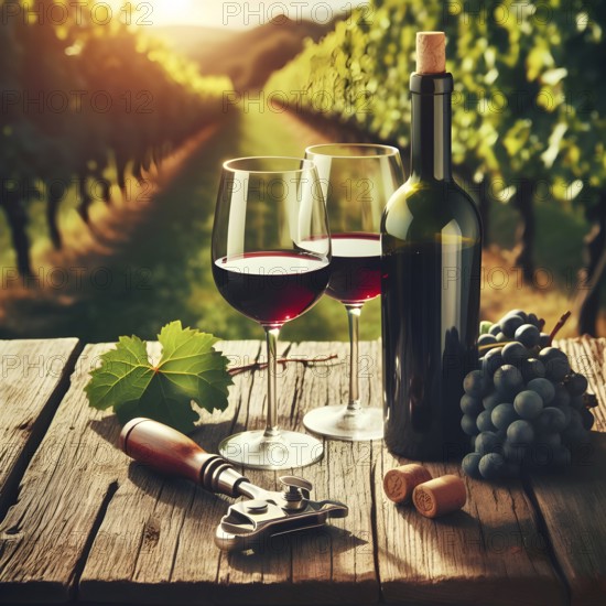 Food and drink background with red wine, fresh grapes and wine bottle. AI Generated, AI generated