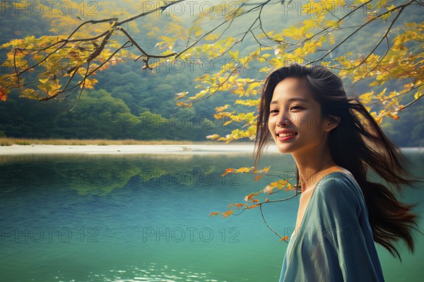 Beautiful young Asian woman with dark hair under tree branches near a colourful lake, China, AI generated, Asia