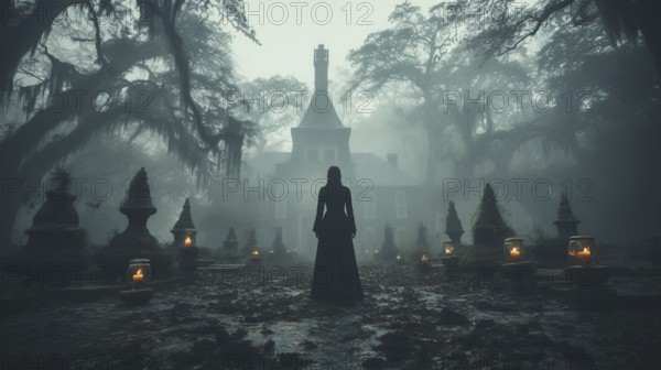 Eerie haunting ghostly female figure walking in front of a foggy southern plantation antebellum mansion on halloween night, generative AI