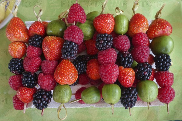 Berry skewers, strawberries, blackberries, raspberries, gooseberries, breakfast table, breakfast, cold buffet, healthy eating, vegetarian, fruit, vitamins, food, food and drink, studio, Germany, Europe