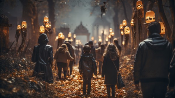 Spooky teenagers and children dressed up for halloween walking down the sidewalk together, generative AI