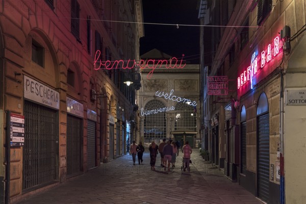 Illuminated evening advertising in the street leading to the market hall in the historic centre, Via Al Ponte Reale, Genoa, Italy, Europe