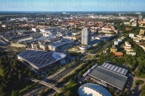 MUNICH, GERMANY, JULY 08, 2018: Aerial view of BMW Museum and BWM Welt and factory and Munich from Olympic Tower. BMW is a famous German luxury car automaker