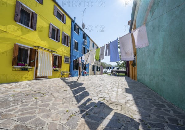 Clothesline between colourful houses, colourful house facades, alleys on the island of Burano, Venice, Veneto, Italy, Europe