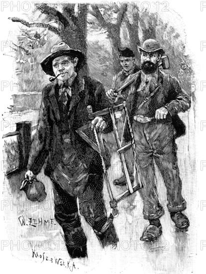 Craftsman on his way to work, Berlin, worker, economy, saw, hammer, work clothes, smoking pipe, hat, jug, Germany, historical illustration around 1898, Europe