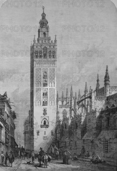 Giralda, the bell tower of Seville Cathedral, 1869, Andalusia, Spain, Historic, digitally restored reproduction of a 19th century original, Europe