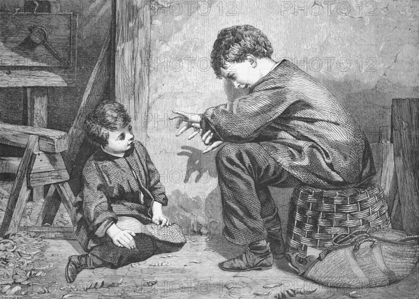 Boy entertains his little sister with shadow play with his fingers, 1869, Germany, Historic, digitally restored reproduction of an original 19th century print, exact original date unknown, Europe