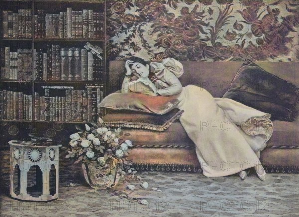 Woman reading in the library, 1880, Germany, Historical, digitally restored reproduction of a 19th century original, Europe