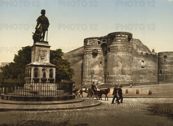 Statue and castle, King Rene I, Angers, Pays de la Loire in western France, c. 1890, Historic, digitally enhanced reproduction of a photochrome print from 1895