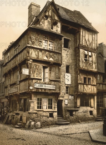 Old house in Rue St. Martin, Old Town of Bayeux, Normandy, France, c. 1890, Historic, digitally enhanced reproduction of a photochrome print from 1895, Europe