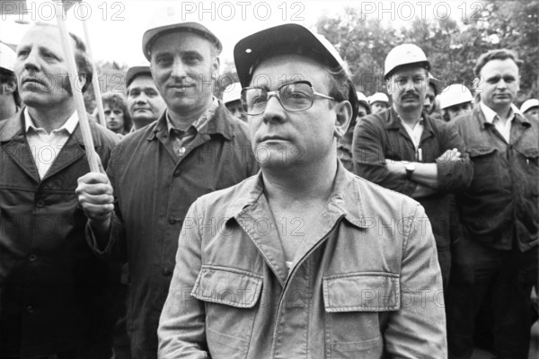 Steelworkers at the Thyssen works in Duisburg took to the streets out of concern for their jobs on 22.05.1975 in Duisburg, Germany, Europe