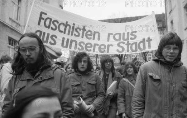 A ban on the Turkish right-wing organisation Graue Woelfe and the NPD was demanded by predominantly Turkish demonstrators on 01.03.1980 in Remscheid, Germany, Europe