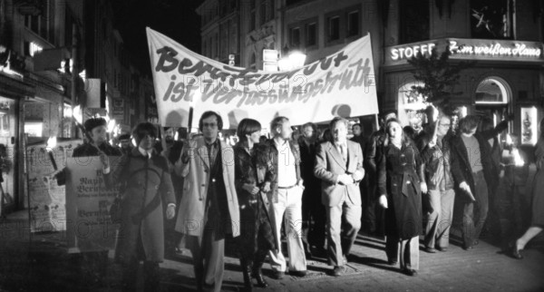 Nazi victims, some in concentration camp uniforms, demonstrated against the occupational bans caused by the Radical Decree on 23 October 1975 in Bonn. The call was made by the Association of Persecuted Persons of the Nazi Regime (VVN), Germany, Europe