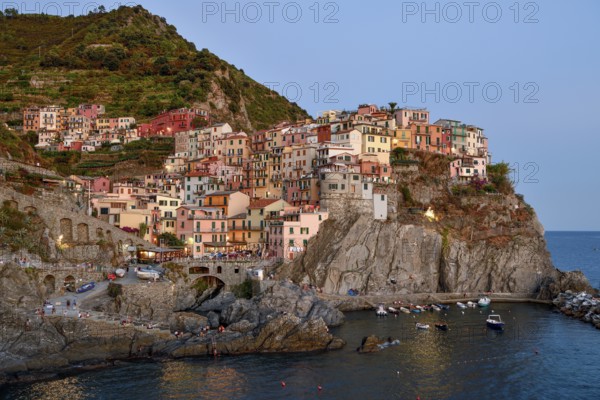 Fishing village of Manarola, blue hour, district of Riomaggiore, Cinque Terre, province of La Spezia, Liguria, Italy, Europe