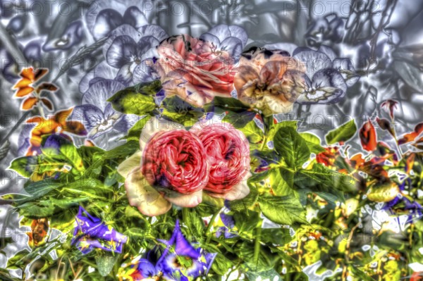 Oil painting, rose (Rosa), pink flowers, flowers creative, different plants mixed, violet (Viola), pansies in grey, artistic shot, violet flowers alienated, plants, impressionistic art style, vivid summer atmosphere, allover, alienation, dense flower field, bright colours, garden, flower bed, plants, Germany, Europe