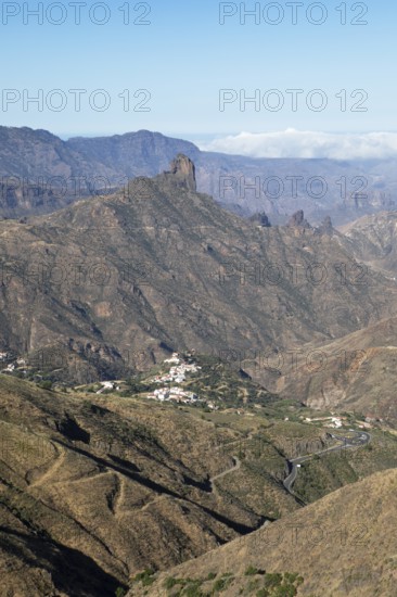 View from Cruz de Tejeda, Parque Rural del Nublo, in the back Roque Batayga, below the village of Tejeda, Las Palmas Province, Gran Canaria, Canary Islands, Spain, Europe