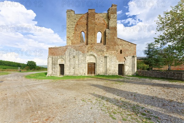 Main façade, church ruins of the Cistercian abbey of San Galgano, Abbazia San Galgano, Gothic, Chiusdino, Tuscany, Italy, Europe