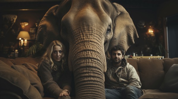 A young couple sitting uncomfortably on the couch together ignoring the elephant in the room. generative AI