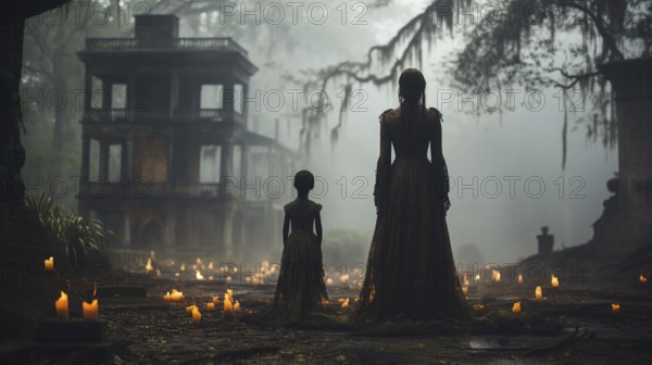 Eerie haunting ghostly silhouetted female and child figures walking in front of a foggy southern plantation antebellum mansion on halloween night, generative AI