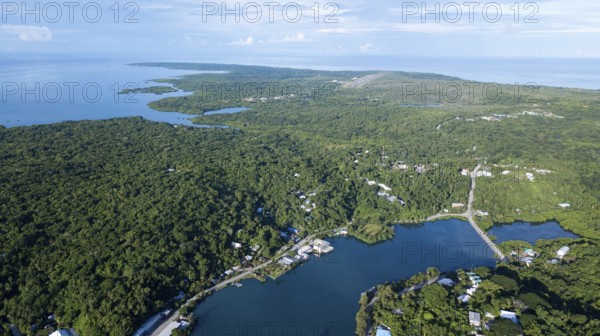 Bird's eye view of southern part of Yap Island, in the centre of the picture on the horizon runway of Yap International Airport Yap International Airport, South Pacific, Caroline Islands, Yap Island, Yap State, Federated States of Micronesia, Australia, Oceania