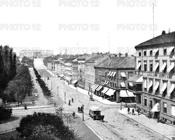 Oslo formerly Christiania, capital of Norway, Karl Johann Street, Karl Johans Gata, 19th century royal palace, shops, shopping, Grand Hotel, tracks, horse-drawn carriage, public transport, horse-drawn carriage, lanterns, park, people, historical illustration c. 1898