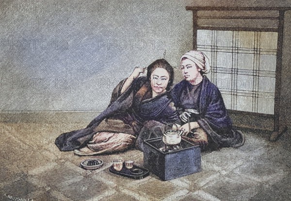 Women's life in Japan, Tea drinking, Japanese woman, around 1885, Historical, digitally restored reproduction from a 19th century original, Women's life in Japan, Tea drinking, Japanese woman, around 1885, Historical, digitally restored reproduction from a 19th century original